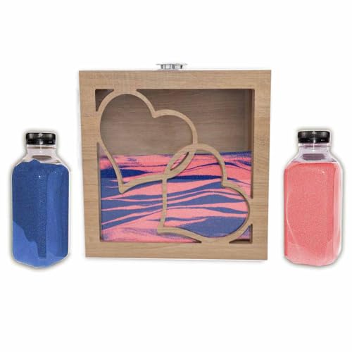 NIRALIS Kit Rituel de Sable pour Mariage avec Cadre Cœurs - Cérémonie Symbolique d'Amour - Comprend 2 Couleurs de Sable (800g c/u) - Cadeau Saint Valentin - Modèle Blanc ou Chêne (Chêne, Rose/Bleu)