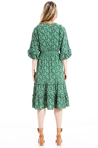 Max Studio Women's 3/4 Sleeve Tiered Bubble Crepe Dress, Green/Yellow Small Swirling Daisy, Medium #TOP26