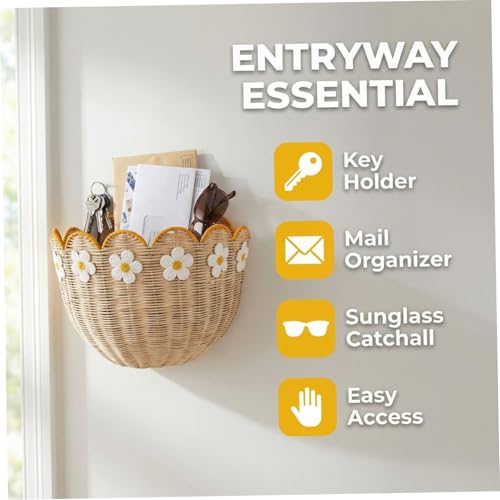 Cesta colgante de mimbre y pared con decoración de margaritas para baño 7