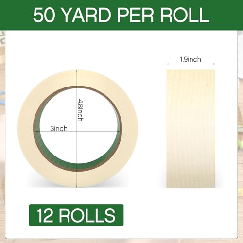 Image of Frienda 12 Rolls Wide Masking Tape 2 Inches x 50 Yards Painters Tape General Purpose Painting Tapes Bulk Easy to Remove for Home School Office Painting Labeling DIY Art and Crafts (Beige White)