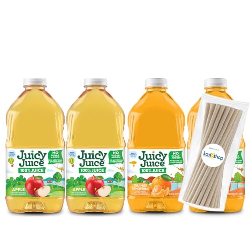 Juicy Juice Variety Pack 100% Juice Vitamin C No Sugar Added 64 fl oz Plastic Bottle 4 Pack + 15 Sugarcane Disposable Straws by KOOL8SHOP Infinite Deals
