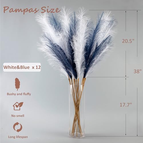 Acfruits 12 Pcs Navy Blue and White Pampas Grass Decor 38"/3.1FT Tall Fake Pompas Floral Large Artificial Pompous Grass Branches Plants for Floor Vase Filler Home Boho Decoration — view 2
