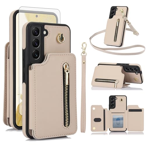Asuwish Phone Case for Samsung Galaxy S22 Plus S22+ 5G RFID Wallet Cell Cover with Tempered Glass Screen Protector Crossbody Strap Card Holder Slot Stand S22+5G S22plus 22S + S 22 22+ Women Men Beige