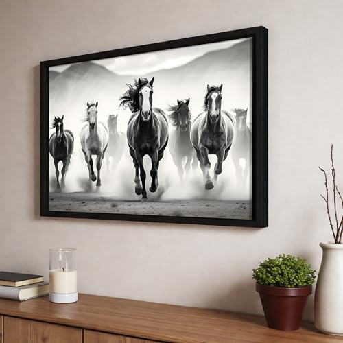 Image of 7 Running Horses Vastu Framed Wall Art Painting For Living Room | Black & White Horse Painting With Frame| Premium Wall Art for Home & Office, 14x18 Inch