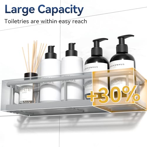 Image of YASONIC Shower Caddy Adhesive, No Drill Bathroom Organizers, with Removable Hooks and Soap Holder, Rust Proof Shelves, Wall-Mounted Holder, 3 Pack, Grey