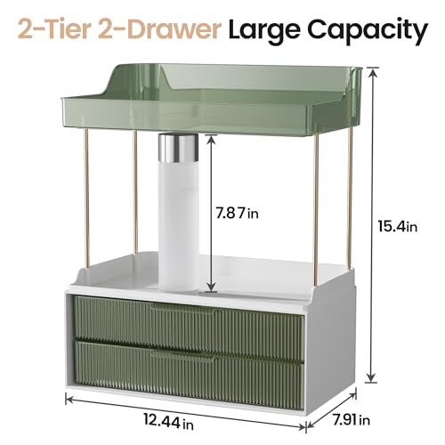 Image of Delamu 4-Tier Makeup Organizer, Bathroom Counter Storage, 2 Drawers,Green