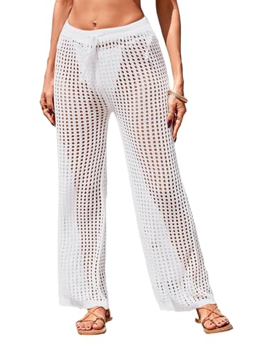 BreathSunny Womens Beach Cover Up Pants 2026 Swimsuit Bathing Suit Swim Coverup Crochet Pant Mesh Knit Swimwear Drawstring Elastic High Waist Coverups Bottoms White L