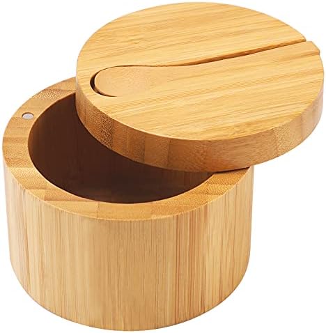 Bamboo Salt Cellar with Mini Spoon by HTB, Kitchen Salt Box with Swivel Magnetic Closure Lid, Round Salt Container to Storage Pepper Spice Bath Salt Sea Salt