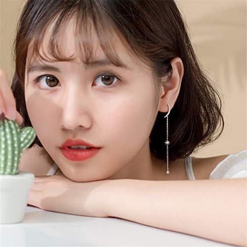 925 Sterling Silver Cz Stud Earrings For Women Girls Cubic Zirconia Asymmetrical Star Moon Tassel Chain Dangle Drop Studs Tragus Post Pin Long Earrings Hypoallergenic Crescent Jewelry (Silver) #TOP1