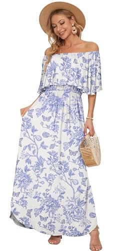 Image of AUSELILY Womens Off Shoulder Ruffle Split Summer Maxi Dresses with Pockets | Off-shoulder Ruffle dress with empire waist & side split for summer beach and casual parties