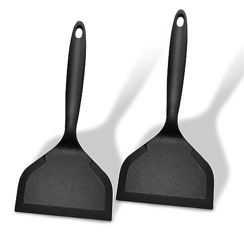 Dioycli Silicone Spatula Turner Wide pancake flipper, Non Stick Egg Flipper Spatula Bpa Free Tamagoyaki, Black, 2 Pieces for Cake Egg Pizza Steak Fish