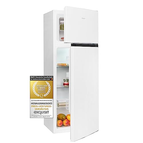 Exquisit® Frigorífico Vertical, 347L, Clase E, Color Blanco, 2 Puertas, Estantes de Cristal, Cajón Verdulero, Puerta Reversible, Tiradores Integrados, Consumo 176 kWh/año, Medidas 143,2x55x56 Cm.