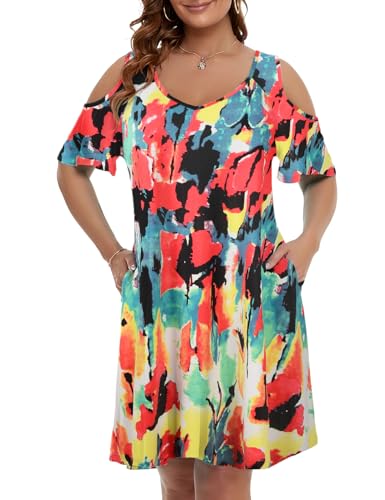 Image of JollieLovin Womens Plus Size Short Sleeve Cold Shoulder V Neck T-Shirt Dress with Pockets