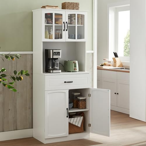 VASAGLE Buffet Haut Cuisine, Meuble de Rangement, Garde-Manger, Vaisselier, avec Portes en Verre et Étagères Réglables, Trou de Passage des Câbles, pour Micro-Ondes, Style Moderne, Blanc LSC361W21