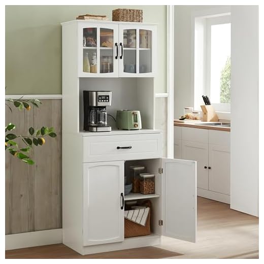 VASAGLE Buffet Haut Cuisine, Meuble de Rangement, Garde-Manger, Vaisselier, avec Portes en Verre et Étagères Réglables, Trou de Passage des Câbles, pour Micro-Ondes, Style Moderne, Blanc LSC361W21