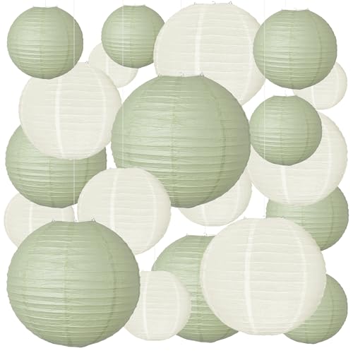 20Pcs Sage Green and Ivory Paper Lanterns