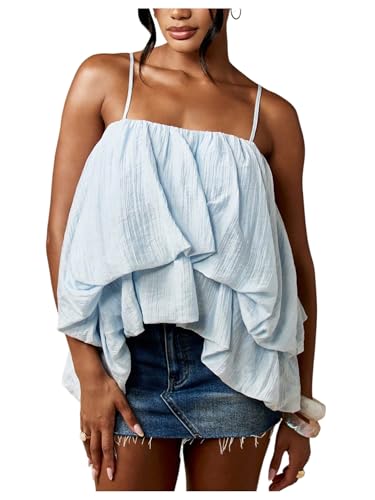 MakeMeChic Women's Bubble Hem Camisole Ruffle Layered Spaghetti Strap Cute