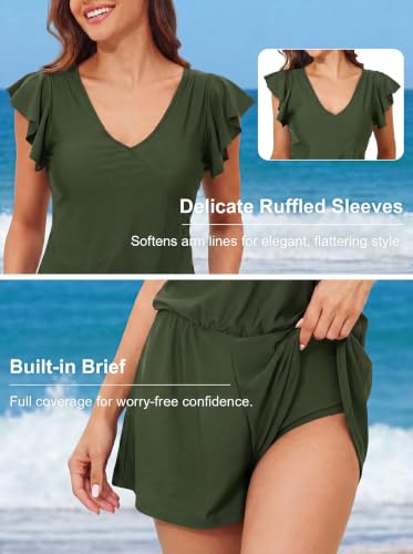 Image of Smismivo Swim Romper with Built in Bra and Pockets Swim Dress Modest One Piece Swimsuit Full Coverage Bathing Suit
