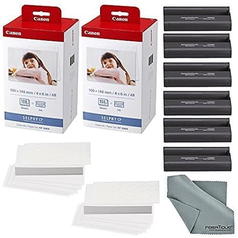 Canon KP-108IN Color Ink 108 Sheet 4x6 Paper Set Bundle | 2-Pack, Microfiber Cleaning Cloth, Dye-Sublimation Technology, Perfectly Sized for Sharing, (3 items)