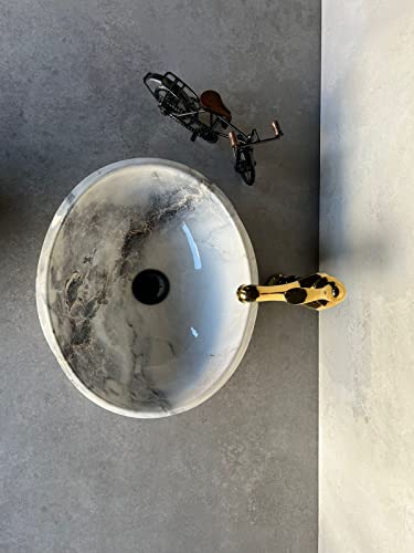 Image of Designer Glossy Finish Ceramic Art Table Top Wash Basin For Bathroom | Collapsible Countertop Washbasin (Black White Glossy Art, 16 x 13 x 6 Inch)