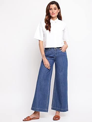Image of Tales & Stories Women's Solid Dark Blue Cotton Ankle Length Flared Jeans-Y115110