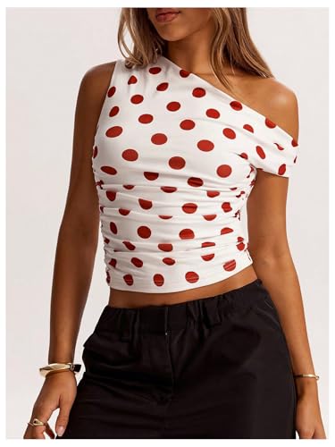 MakeMeChic Women's Polka Dots Asymmetrical Neck Tee Shirt Ruched Slim Fit Crop Tops2