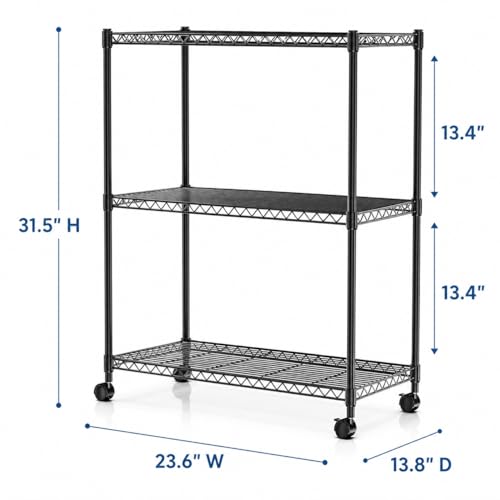 Image of Simple Deluxe 3-Tier Heavy Duty Adjustable Storage Shelf with Wheels, 23.23 inchW x 13.39 inchD x 30.31 inchH, Mobile or Stationary Metal Shelving Unit, Easy Assembly for Kitchen, Pantry, Laundry Room, Black