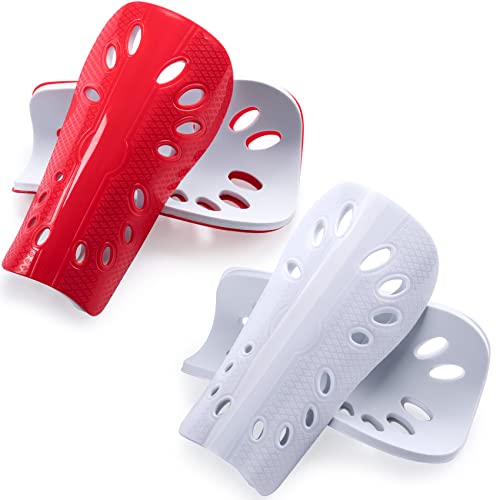 ANCIRS 2 Pairs Soccer Shin Guards for Young Kids Adults, Breathable Shin Guard Sleeves for Boy & Girl Football Games, Protective EVA Cushion for Youth Men & Women- White & Red