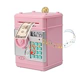 Kinder Tresor Elektronische Piggy Bank,Mini ATM Spardose mit Code und Fingerabdruck Unlocking Simulation,Automatischem Geldeinzug und realistischen Soundeffekten,Hellrosa