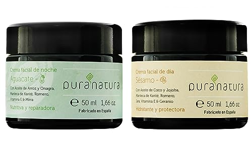 PURANATURA Rutina facial mujer pack ecológico 2 X 50 ML Crema de Día y de Noche pack Crema de día sésamo hidratación profunda vegana y natural Tratamiento nocturno anti edad orgánico