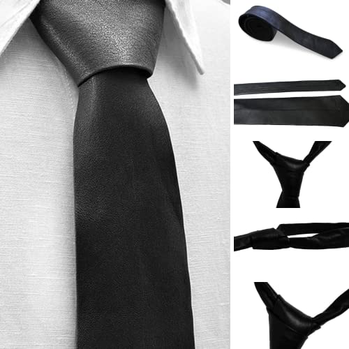 Image of Mens Lamb Leather Necktie - Skinny Solid Casual Business Wear Narrow Leather Slim Tie- Neckties for Party Wedding Gift