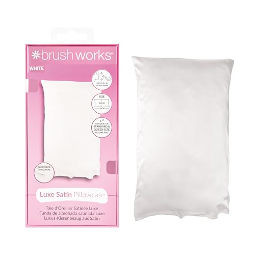 Brushworks Luxe White Satin Pillowcase – Luxuriously Soft Satin, Helps to Reduce Frizz and Sleep Creases, Cooling and Breathable for Restful Nights, With a Discreet Concealed Zip, Standard 50x75cm Fit
