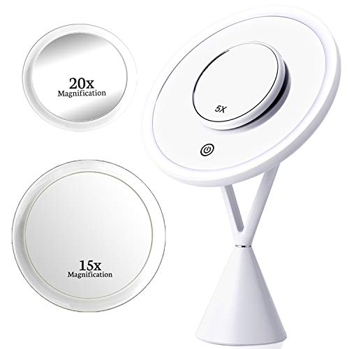 20X & 15X Magnifying Mirror Set Combo with 3 Suction Cups Each - Compact & Travel Ready - 6-Inch & 4-Inch Wide and 5X & 1X Lighted Magnifying Mirror for Makeup with 30 LED Lightbulbs, 7