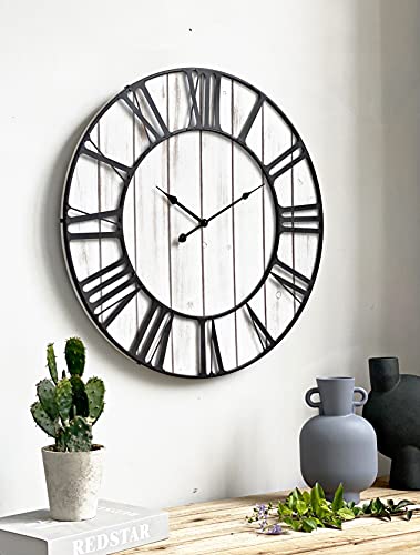 24 Inch Large Farmhouse Wood Shiplap Wall Clock, Rustic Solid Wood Plank With Metal Frame, Non-Ticking Silent Movement Wall Clock For Home,Kitchen,Living Room,Battery Operated (Whitewash) #TOP2