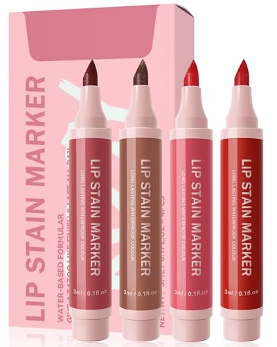 Lip Stain Marker Pen Set-4 Colors Hydrating Lip Stain Liquid Lip Liner Pencil Kit, Long Lasting Waterproof Smudge-proof Natural Matte Finish, Precise Chisel Tip Smooth, Lip Makeup Gift for Women