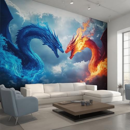 Generisch Tapete Fantasy Drache, Fototapete Feuerdrache Eisdrache, Vliestapete für Schlafzimmer Wohnzimmer, Wand Deko Tapeten, Wandverkleidung 150x105 cm D&O34