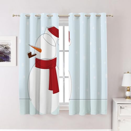 BaoNews Snow Man Bedroom Curtains,Continuous Line T Cartoon Christmas Blackout Polyester Grommet Window Treatment Drapes for Living Room, 2 Panels 52X63 Inches