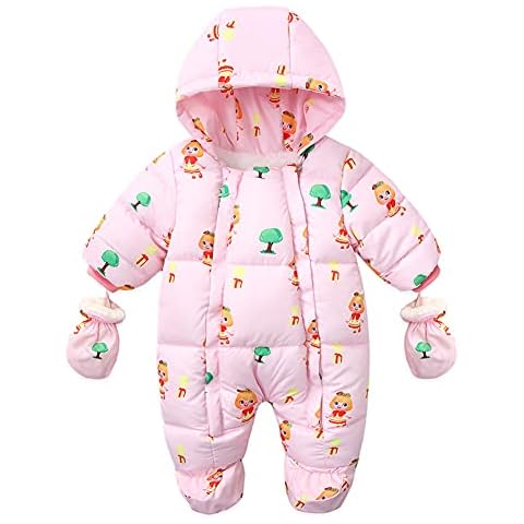 Milkiwai Newborn Baby Cute Warmer Hooded Snowsuit Quilting Process Zipper Unisex RompersThicken Cotton Fleece Winter Coats Jumpsuit with Detachable Gloves (Pink Girl, 9-12 Months) Cover