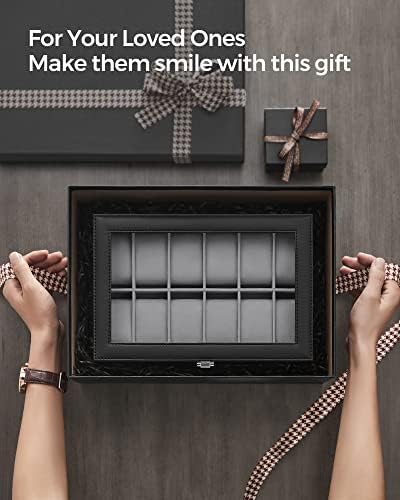 SONGMICS Watch Box with 12 Slots, Watch Case with Glass Lid, Watch Display Box with Removable Watch Pillows, Metal Clasp, Gift Idea, Black Synthetic Leather, Black Lining JWB12B