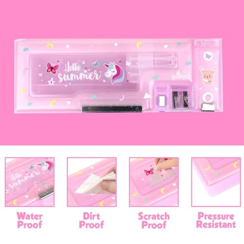Image of WireScorts Magnetic Pencil Case with Sharpener Hello Summer Luxury Pencil Box for Kids Stationary Organizer Pencil Box for Girls, Kids, (Pink - Plastic)