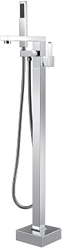 Shower Set Freestanding Bathtub Faucet, Square Single Handle Waterfall Spout Tub Filler Brass Bathroom Faucets Floor Mounted Shower System with Handheld Shower and Shower Hose Set,Chrome