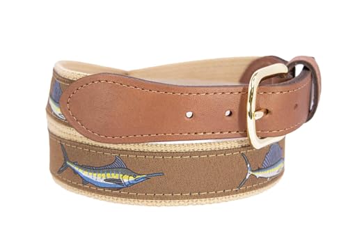 ZEP-PRO Billfish Slam Men's Woven Ribbon Belt – Repeating Game Fish Design With Tan Full Grain Leather Tabs – 1.25" Wide Outdoor Lifestyle Accessory, Size 462