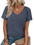ATHMILE Womens Tops Shirts for Women Short Sleeve V Neck Tee Summer Fashion Trendy Soft Casual Spring Clothes Outfits Beach Navy
