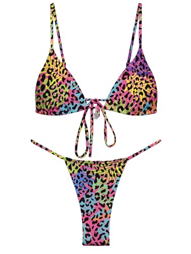 Image of OWICA Women's Sexy Triangle Bikini Sets Cheeky Thong Swimsuit Adjustable Spaghetti Straps Bathing Suit