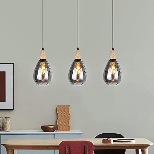 ASCELINA Pendant Light Glass Shade, Modern Adjustable Pendant Lighting Teardrop Shape Glass Ceiling Pendant Light E27 Lamp Base for Dining Room Kitchen Island Living Room Restaurant Bar (Grey, 1 Pack)