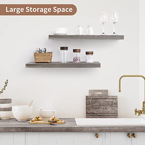 Image of Floating Shelves for Wall, 24in Reclaimed Elm Wood Shelves, Grey, 2PCs | 8in Deepth Rustic Solid Elm Wood Shelves for Storage, Wall Display Shelving, Invisible Metal Bracket