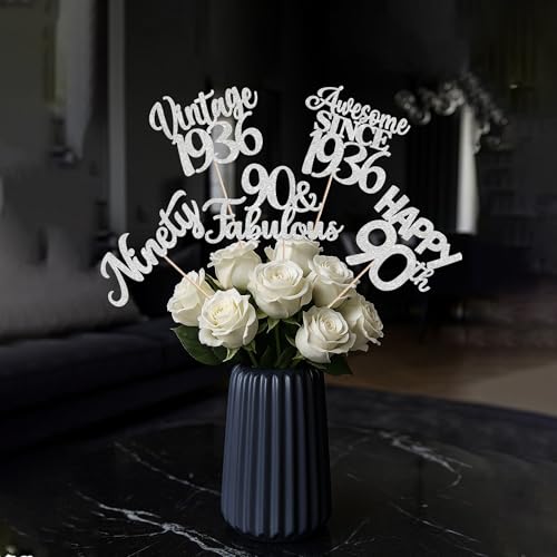 Image of 15 PCS 90th Birthday Centerpiece Sticks Ninety Happy 90 Vintage 1936 Table Flower Centerpieces Sticks Cheers to 90 Fabulous Floral Decorations for 90th Birthday Party Supplies Silver