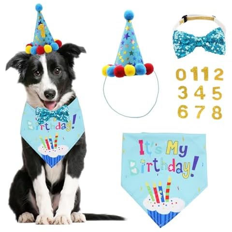 ADOGGYGO Dog Birthday Bandana Scarf and Dog Girl Boy Birthday Party Hat with Cute Dog Bow Tie for Medium Large Dog Pet (Large, Blue) Cover
