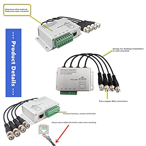 BeElion 4-CH 720P/1080P HD Passive Video Balun, Aluminium Alloy BNC to RJ45 Network Transceiver Cat5e/Cat6 Adapter AHD/TVI/CVI/CVBS for Full HD Security Surveillance Camera System