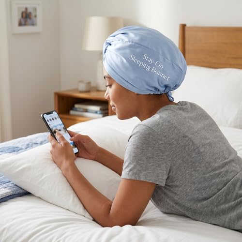Image of Adjustable Silk Satin Bonnet for Sleeping Hair Wrap, Double Layer Sleep Cap, Night Turban for Large Long Curly Braid Women Men Hair - Aqua Sky Blue